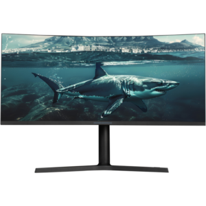 SharkGaming 34" ultrawide gaming skærm med 180Hz, 3440x1440 UWQHD opløsning og curved VA panel – perfekt til immersive gaming